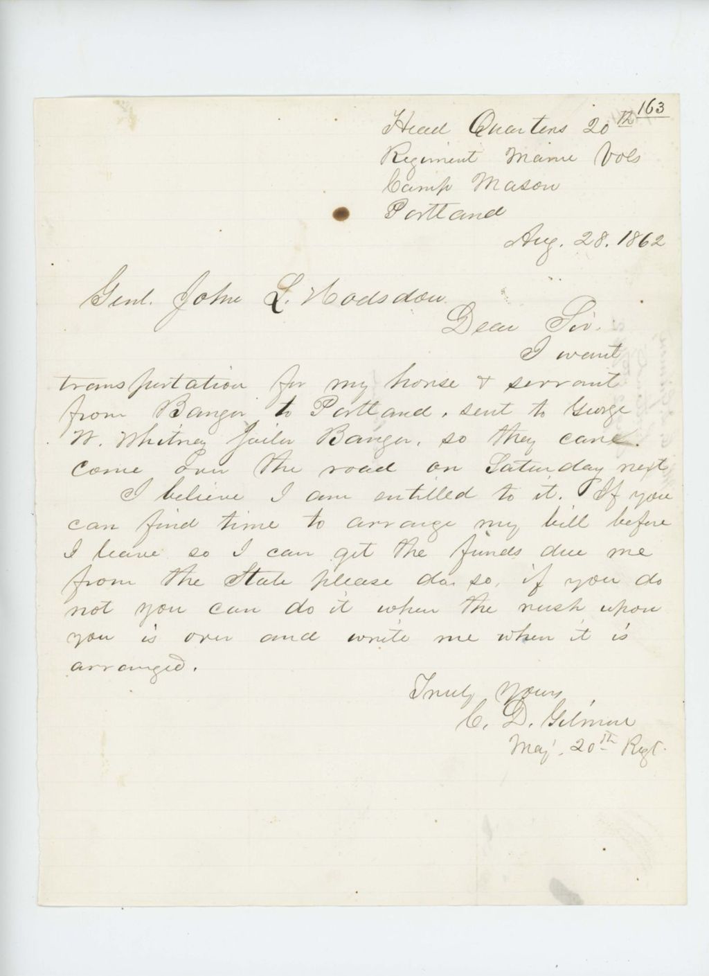 Miniature of Charles D. Gilmore requests funds to transport his horse and servants from Bangor to Portland