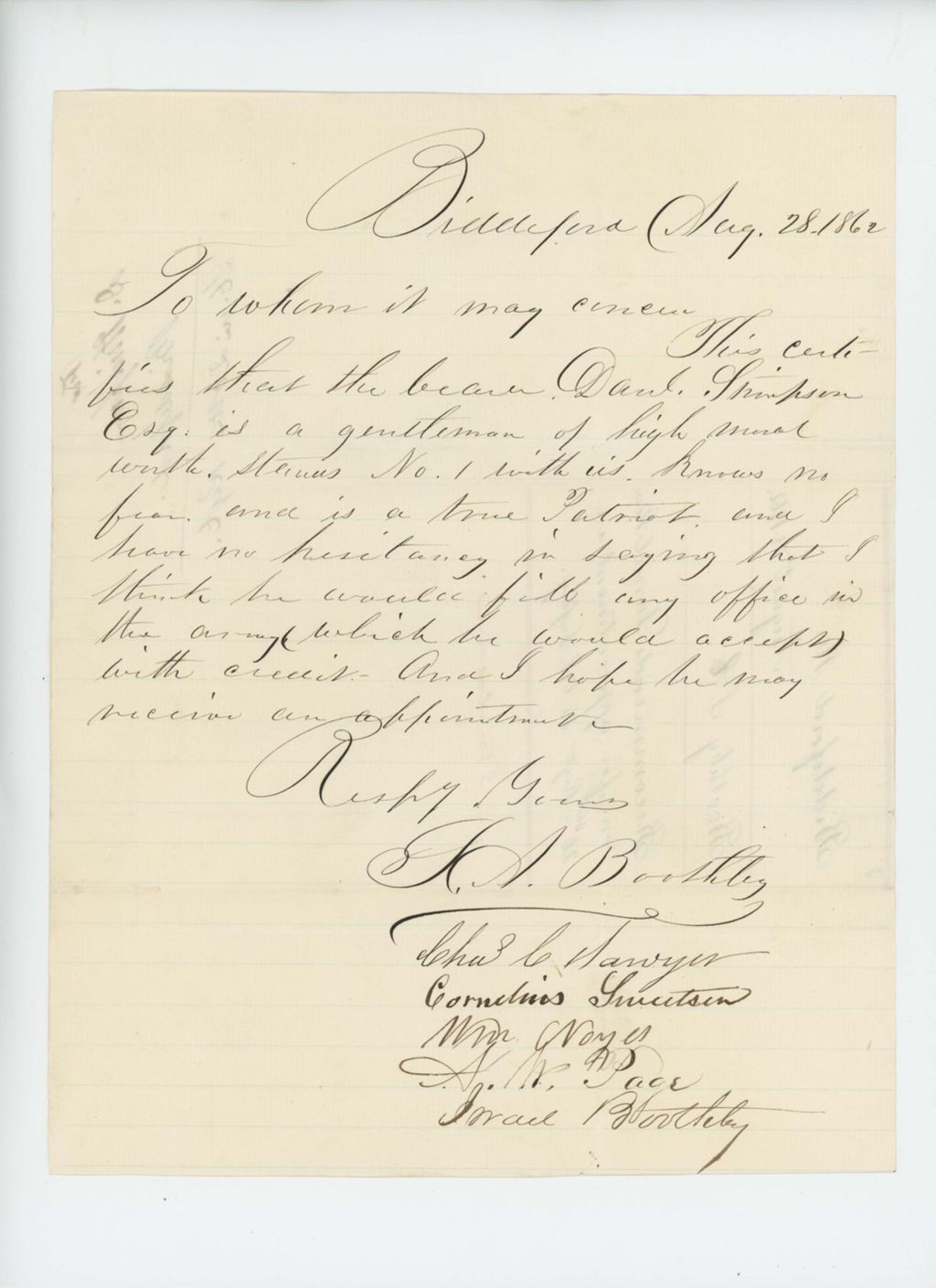 Miniature of S.A. Boothby and others recommend Daniel Stinson for appointment in the regiment