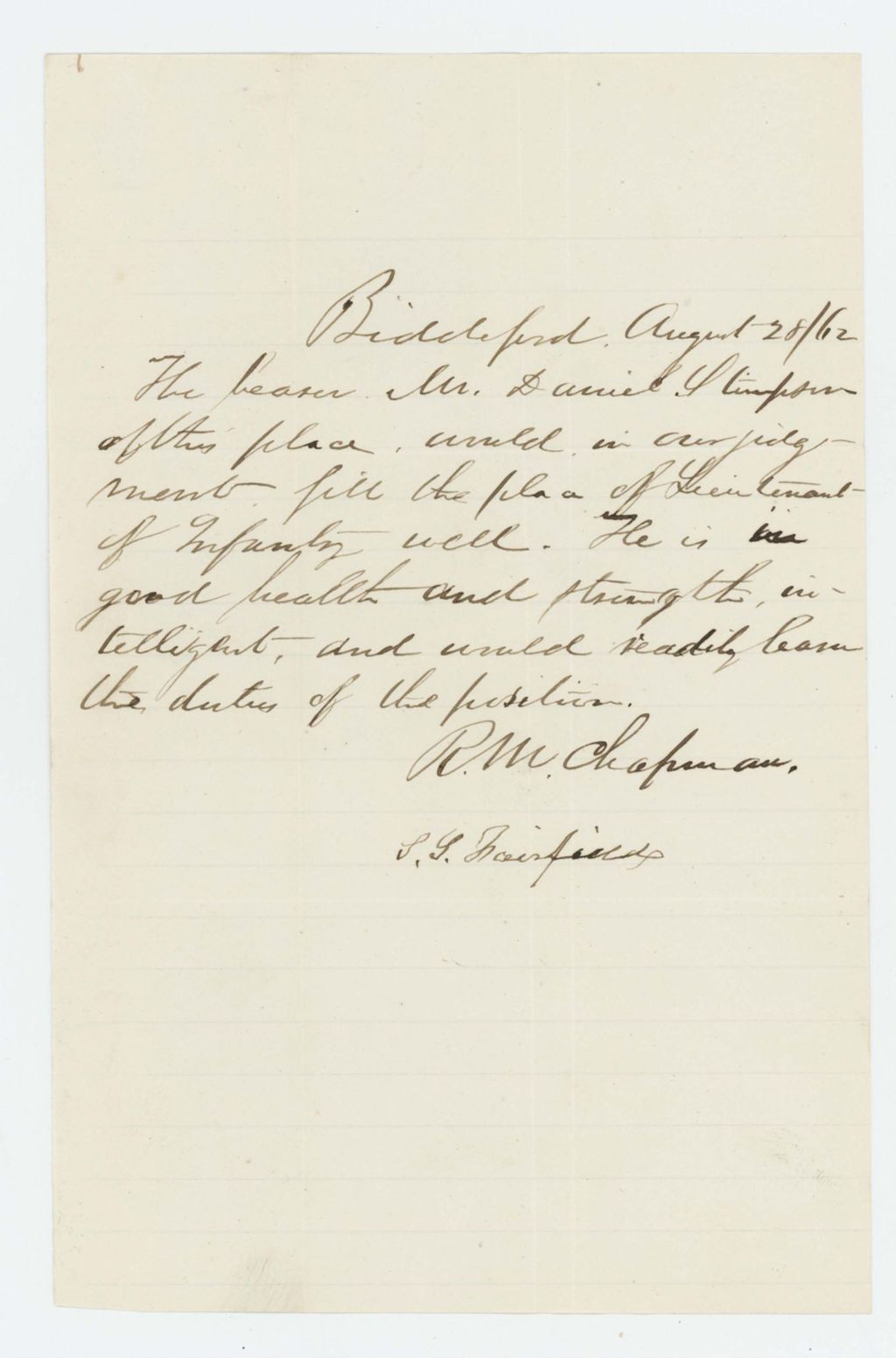 Miniature of R.M. Chapman recommends Daniel Stimpson [Stinson?] for lieutenant