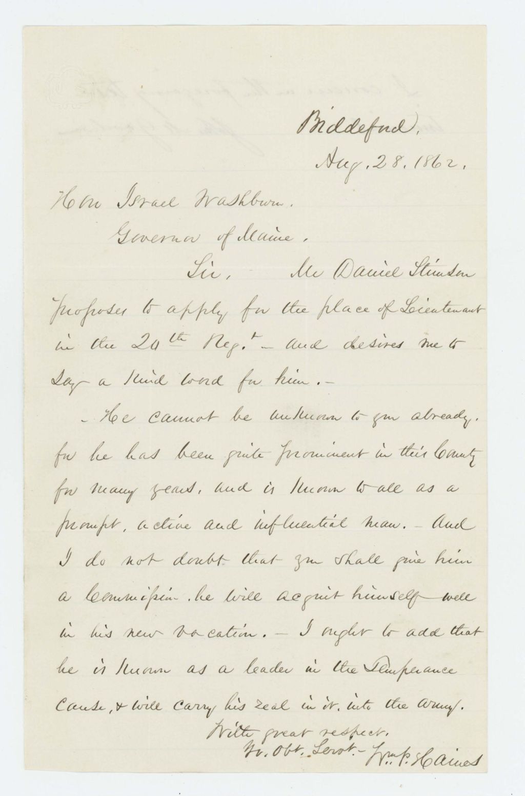 Miniature of Mr. Haines and John Goodwin recommend Daniel Stinson for lieutenant