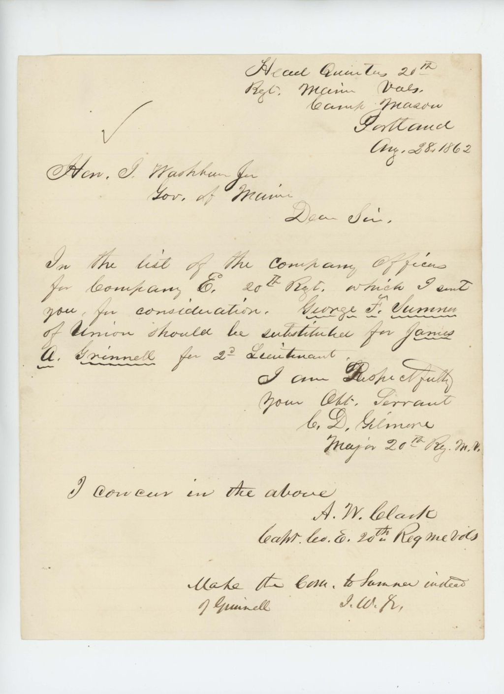 Miniature of Charles D. Gilmore notifies Governor Washburn of a change in company officers