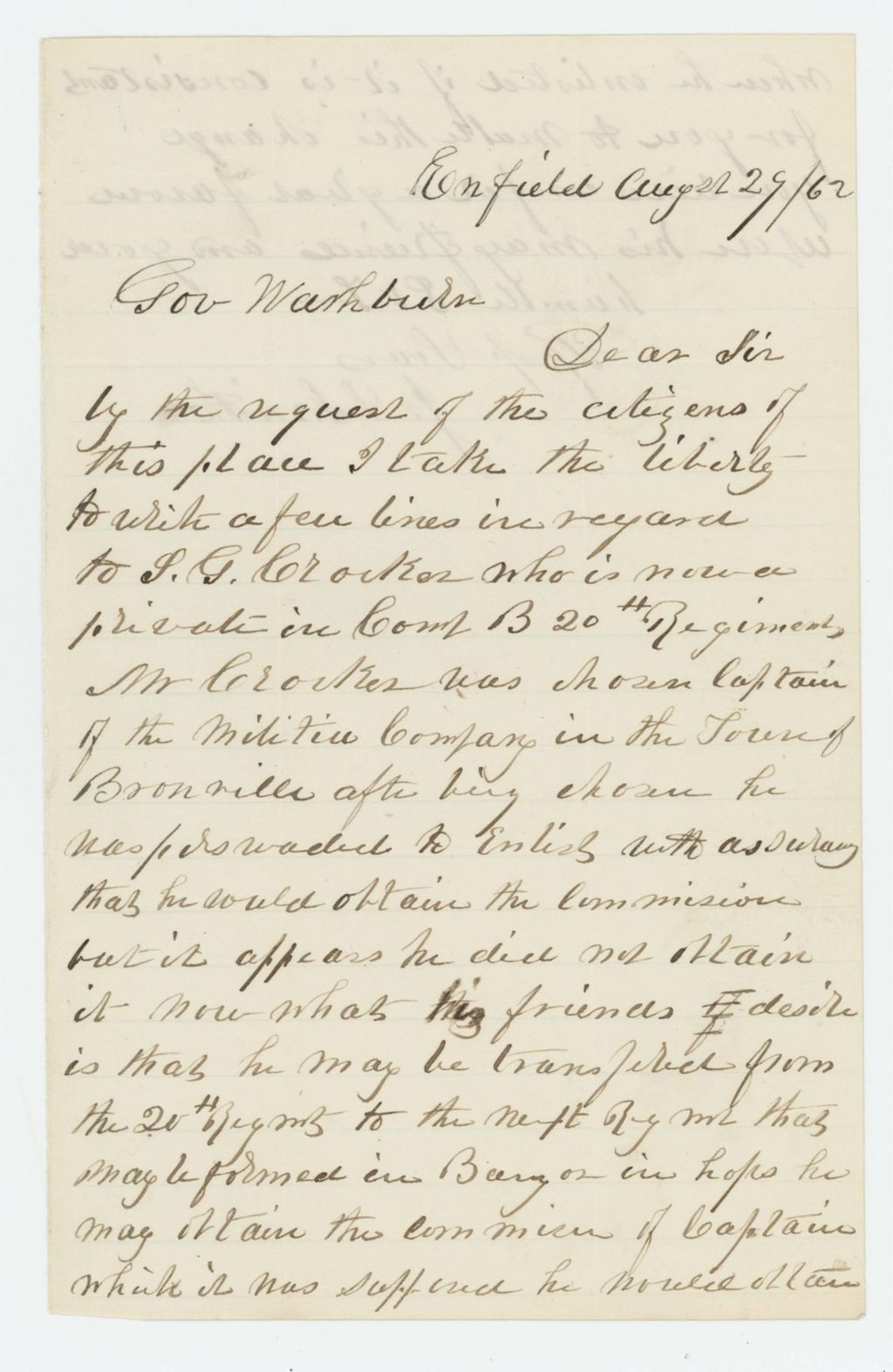 Miniature of J.L. Smith recommends S.G. Crocker for position as captain