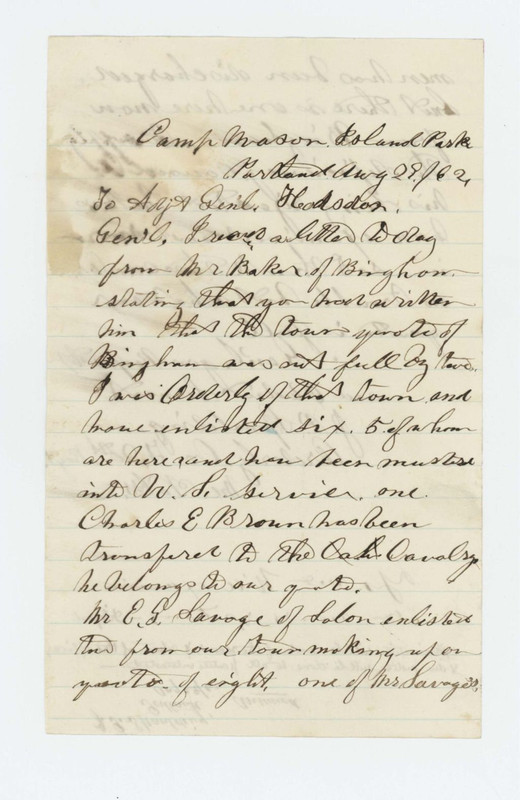 Miniature of J.P. Spaulding writes Adjutant General Hodsdon regarding quota from Bingham