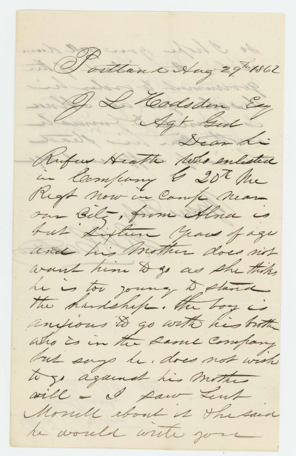 Miniature of S.L. Carleton requests the discharge of Rufus Heath, Company G, who is only sixteen