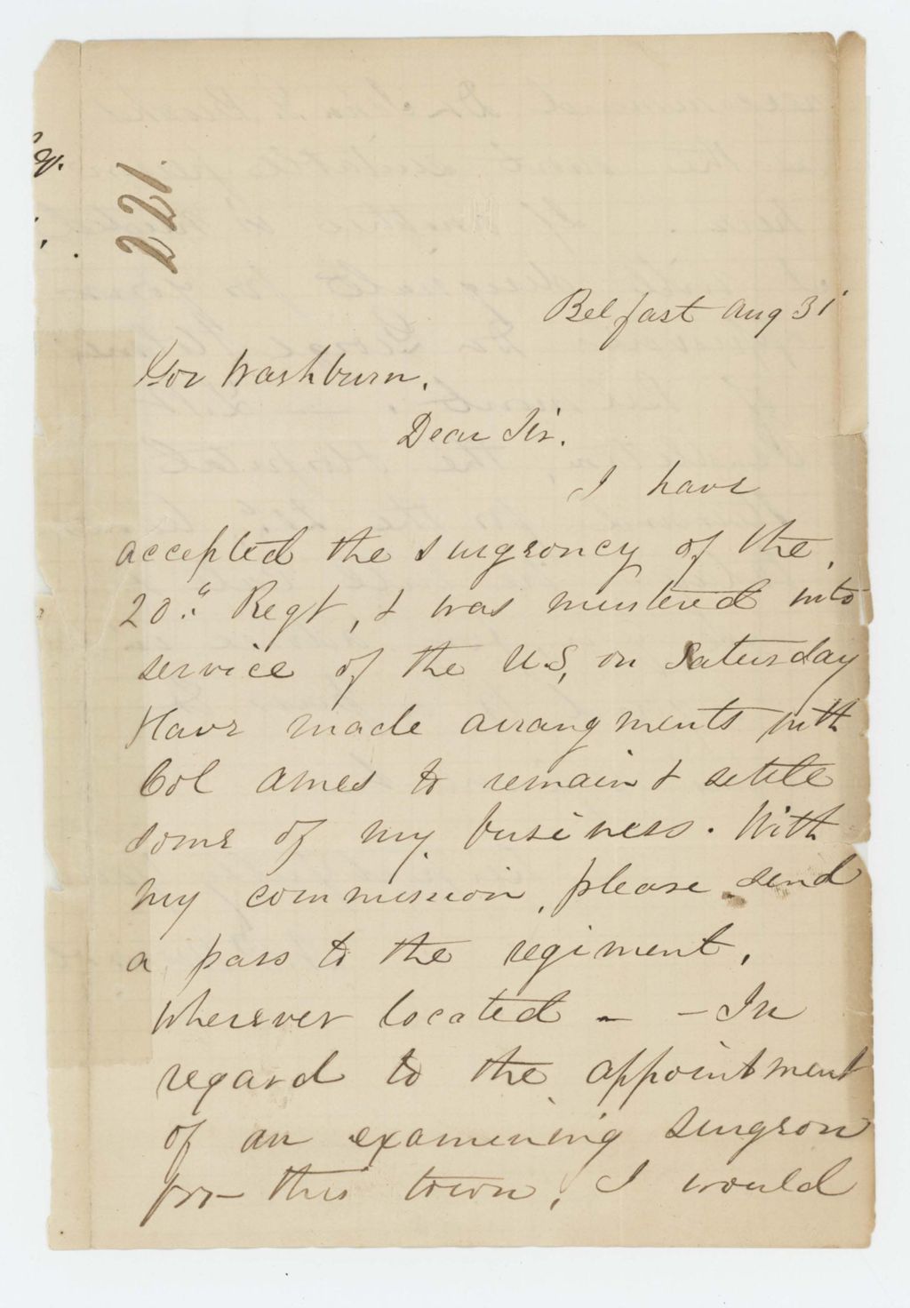 Miniature of Dr. Monroe requests a pass to settle his business and recommends John G. Brooks and George Holmes as examining surgeons for the town