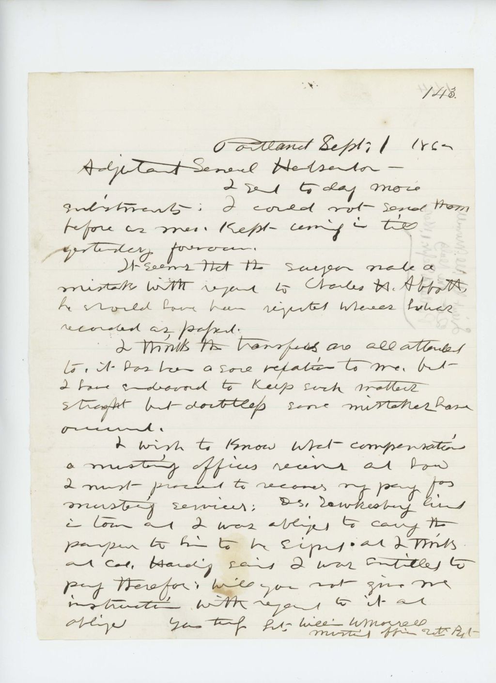 Miniature of Lieutenant William Morrell corrects errors in enlistment reports and inquires about pay as mustering officer
