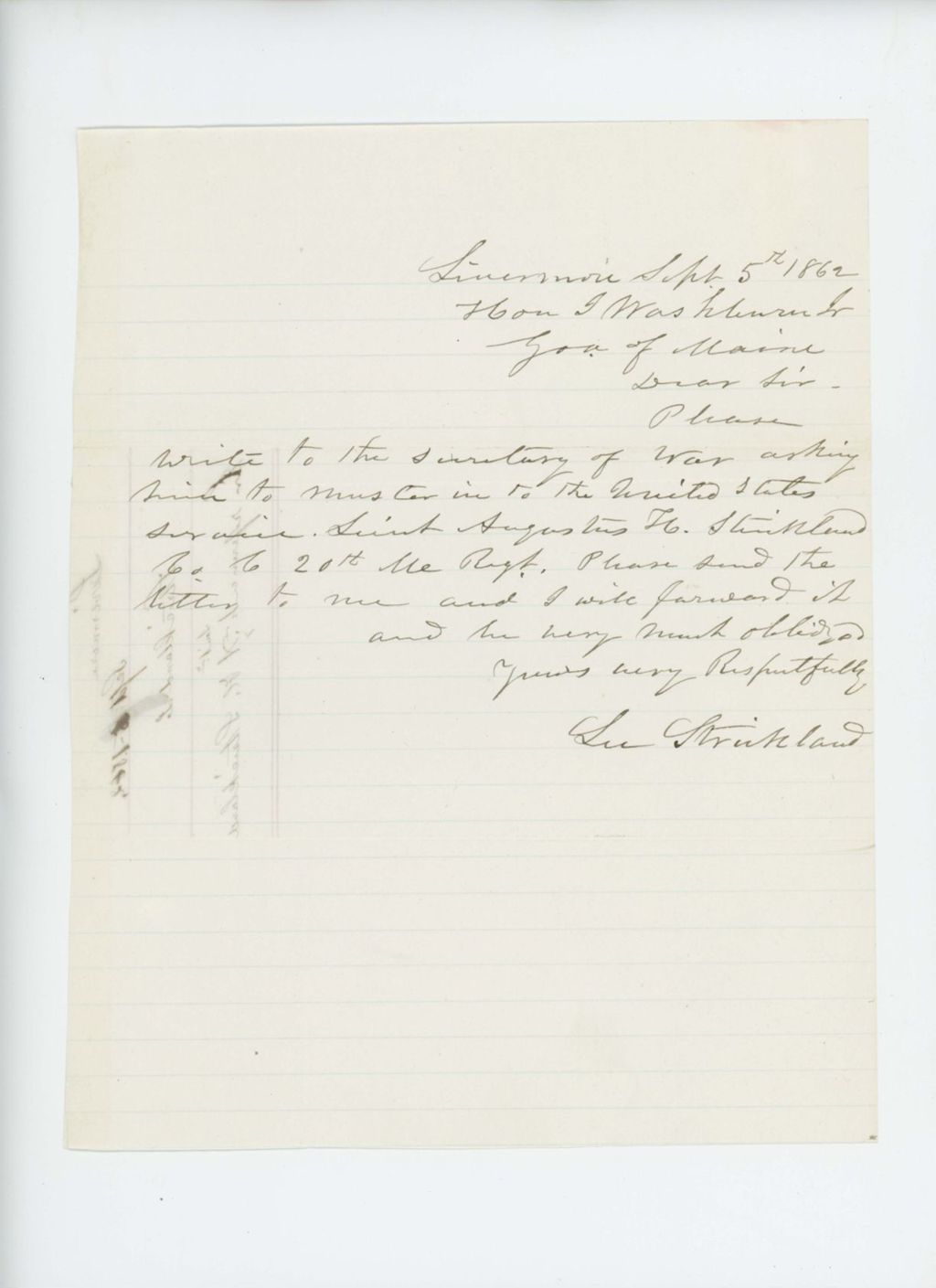 Miniature of Lee Strickland asks the Secretary of War to muster in Augustus H. Strickland