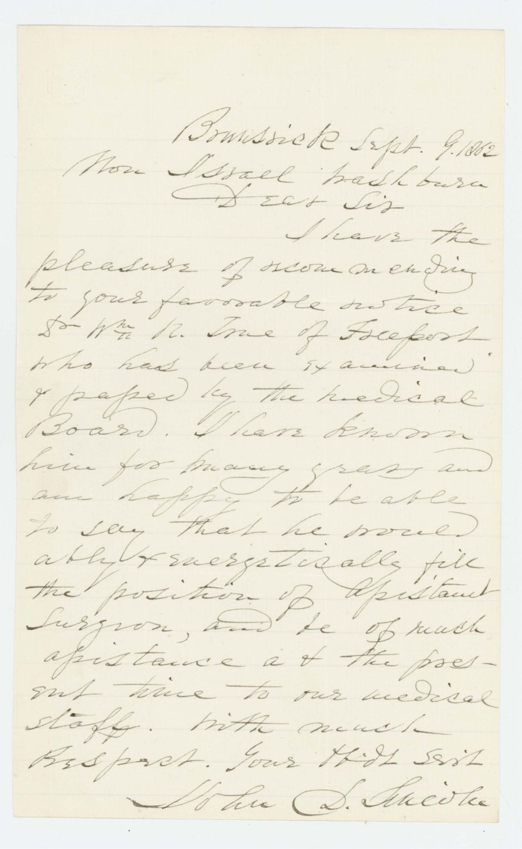 Miniature of John D. Lincoln recommends William True as assistant surgeon