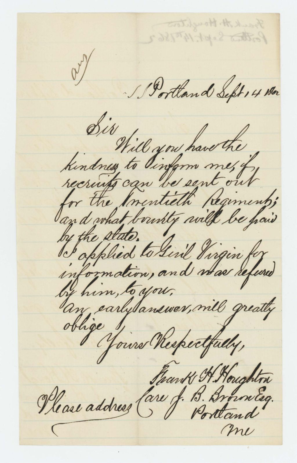 Miniature of Frank H. Houghton inquires about recruitment and bounty payments