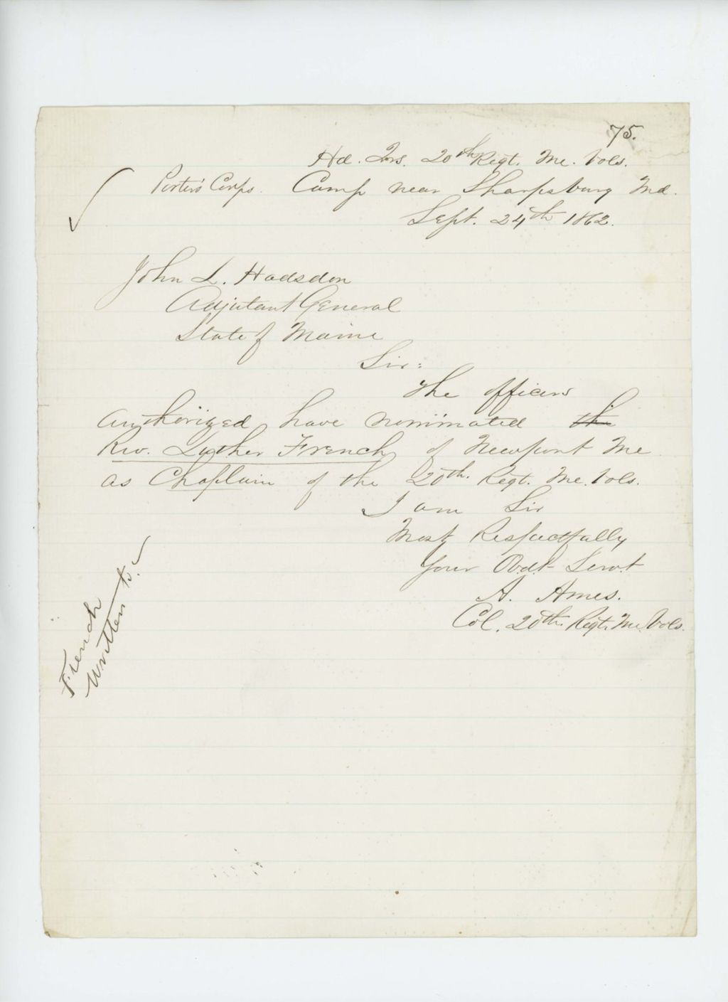 Miniature of Colonel Adelbert Ames informs Adjutant Hodsdon of the nomination of Reverend Luther French as chaplain