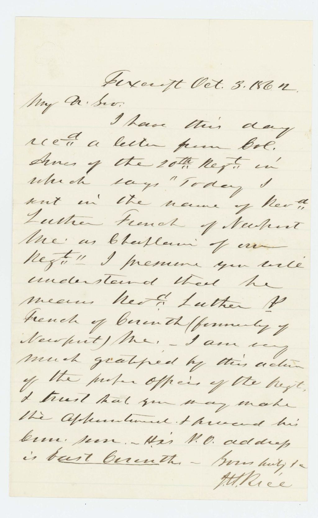 Miniature of J.H. Rice writes to Governor Washburn regarding appointment of Reverend Luther P. French