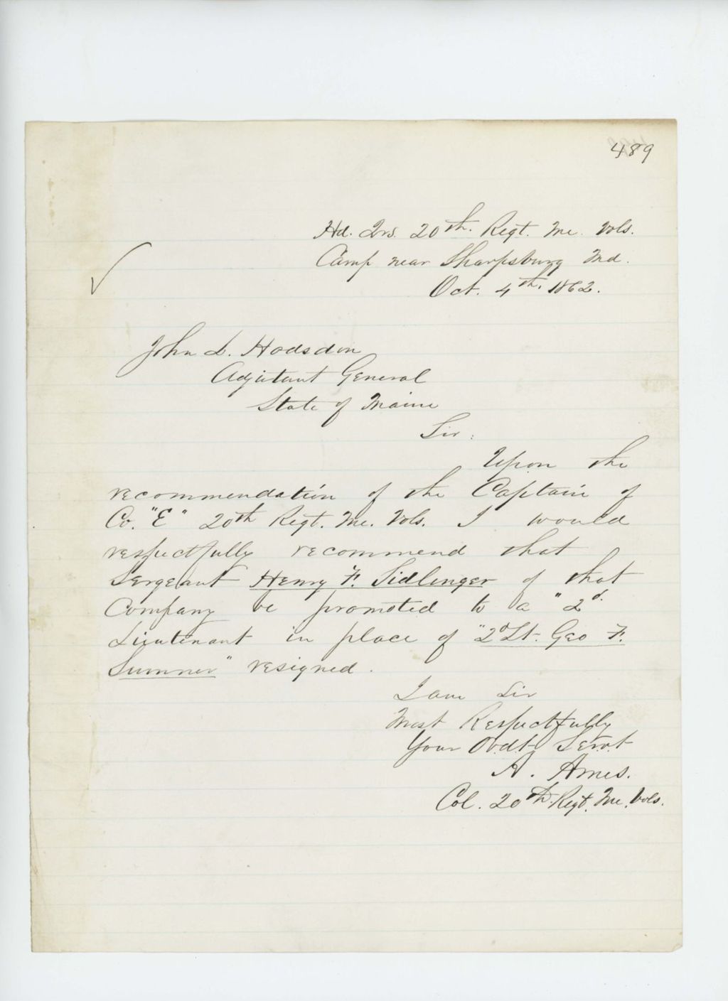 Miniature of Colonel Adelbert Ames recommends Sergeant Henry F. Sidlinger for 2nd Lieutenant