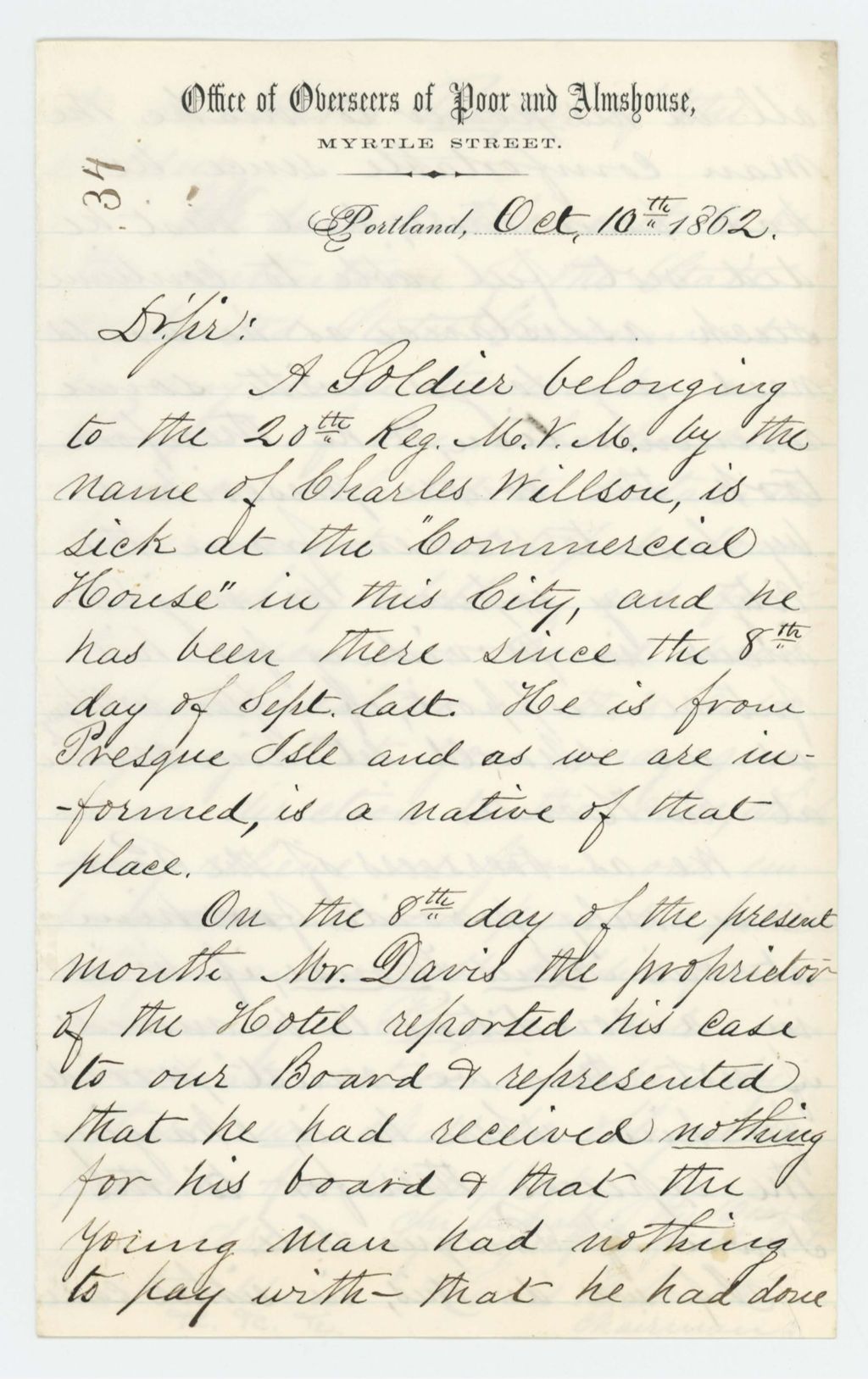 Miniature of Lewis B. Smith, chairman of the Overseers of the Poor, requests assistance for Charles Willson