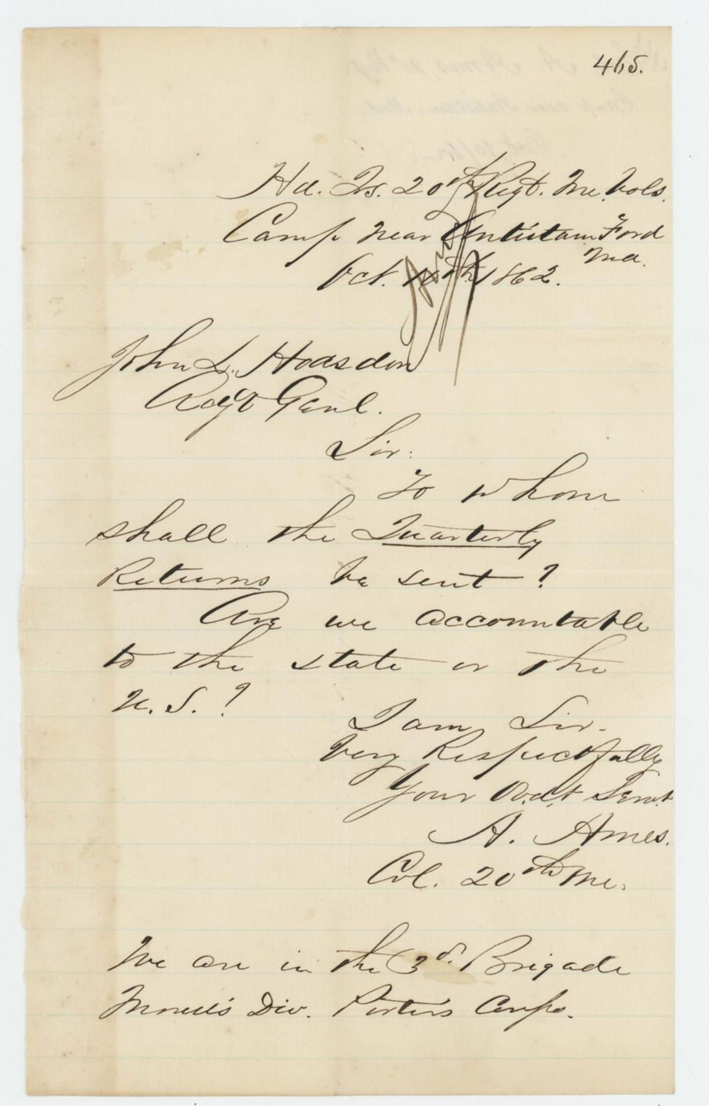 Miniature of Colonel Adelbert Ames requests clarification on where to send quarterly returns