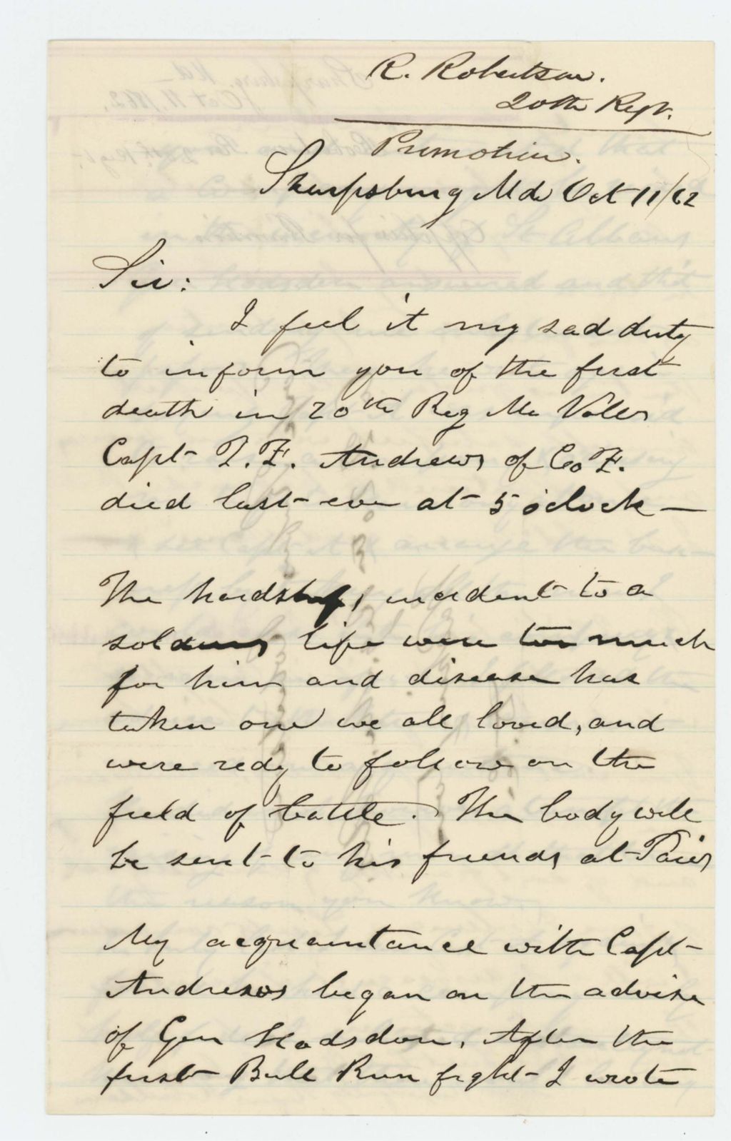 Miniature of Rufus Robertson reports the death of Captain L.F. Andrews of Company F