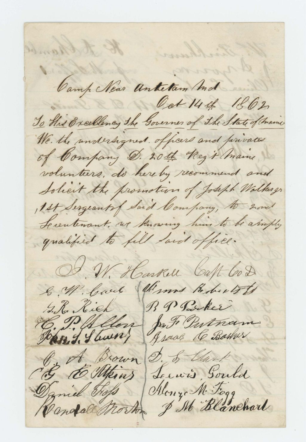 Miniature of Captain I.W. Haskell and others of Company D recommend promotion of Joseph Walker, Jr.