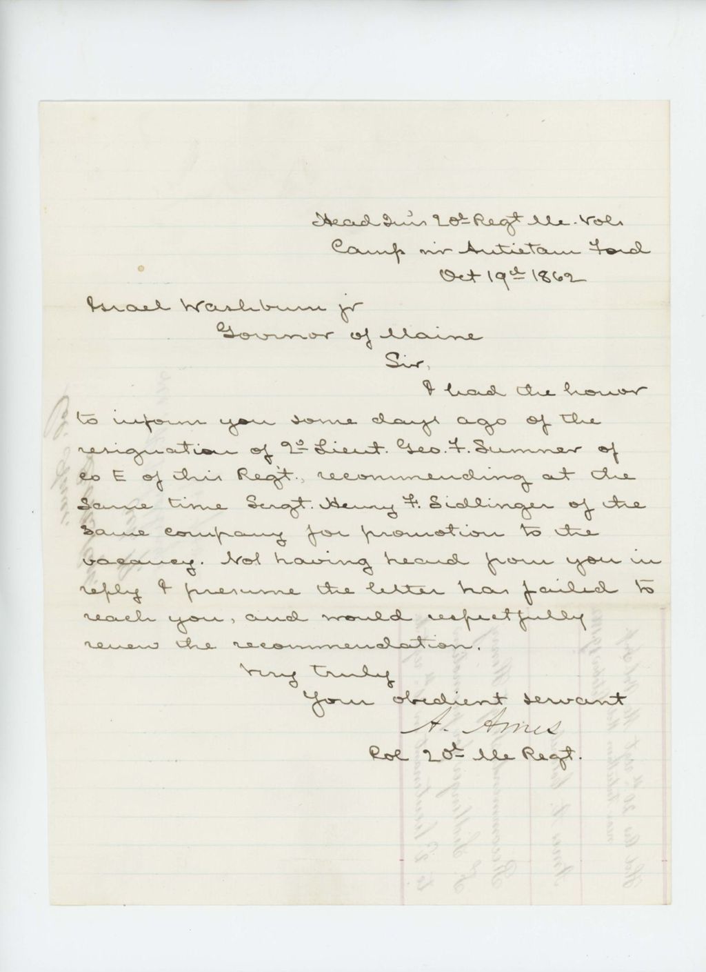 Miniature of Colonel Adelbert Ames recommends Sergeant Henry F. Sidlinger for promotion to 2nd Lieutenant
