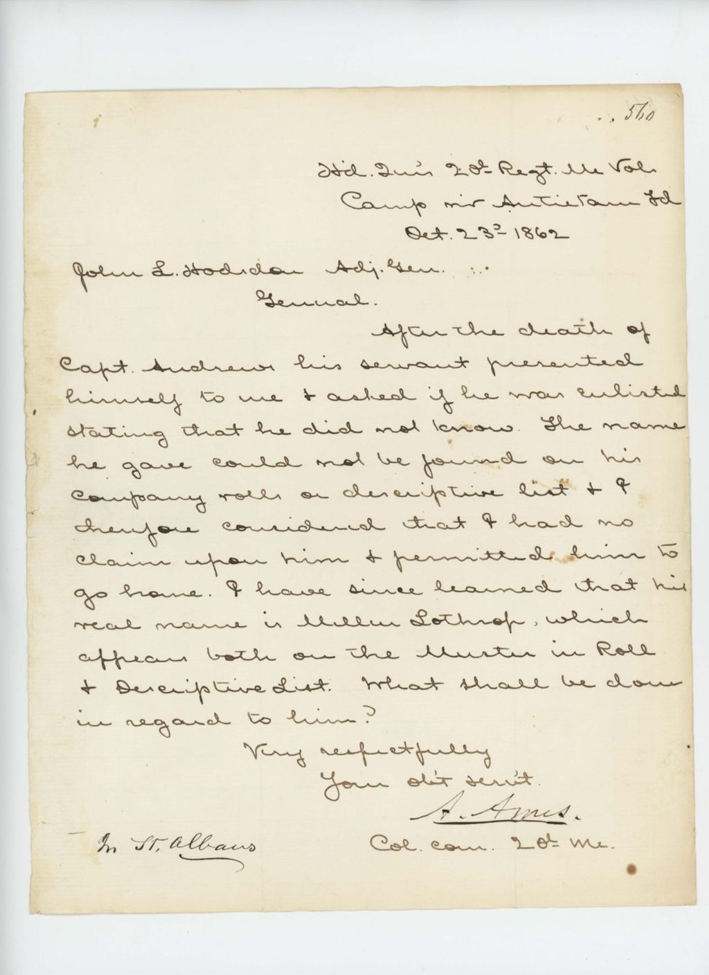 Miniature of Colonel Adelbert Ames inquires about Miller Lothrop, servant of the deceased Captain Andrews