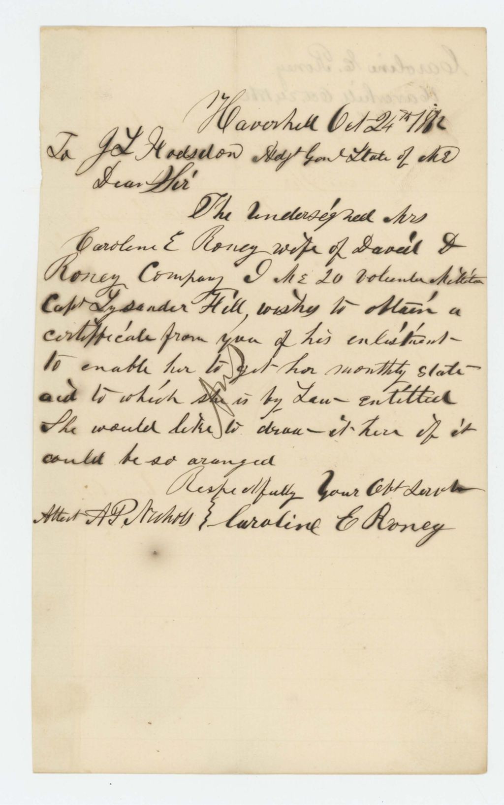 Miniature of Caroline E. Roney requests her husband David D. Roney's enlistment certificate to obtain state aid