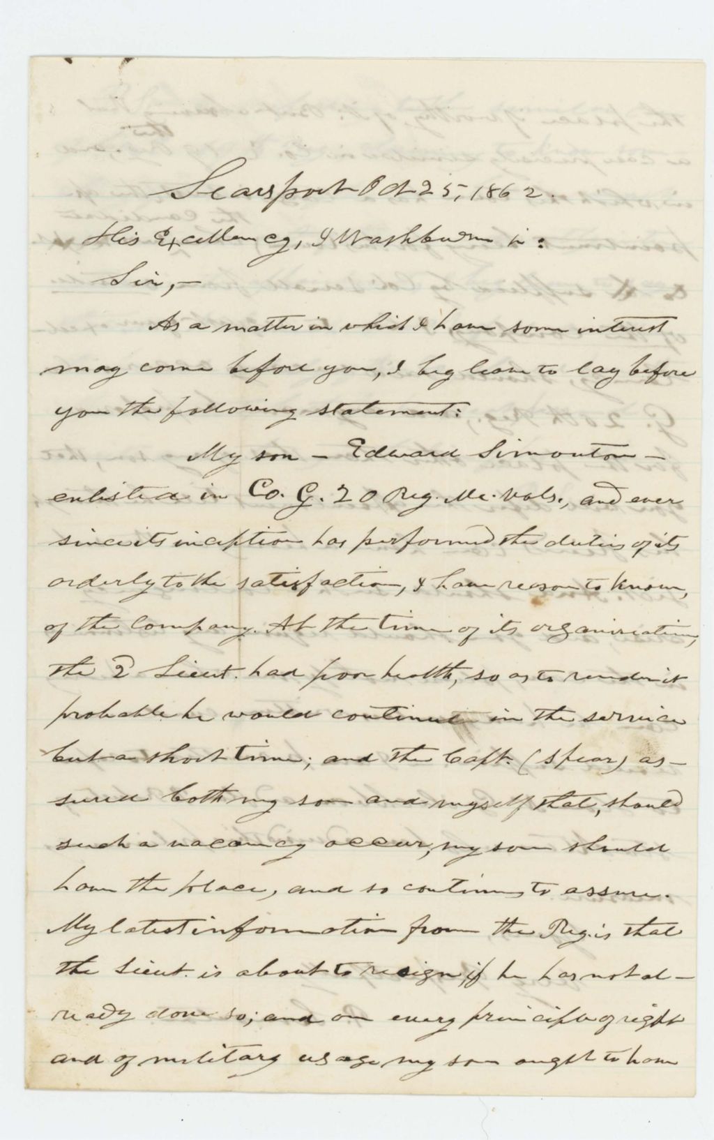 Miniature of P. Simonton writes Governor Washburn regarding the promotion of his son Edward Simonton