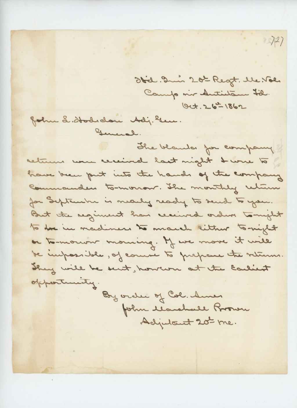 Miniature of John Marshall Brown acknowledges receipt of forms for monthly returns