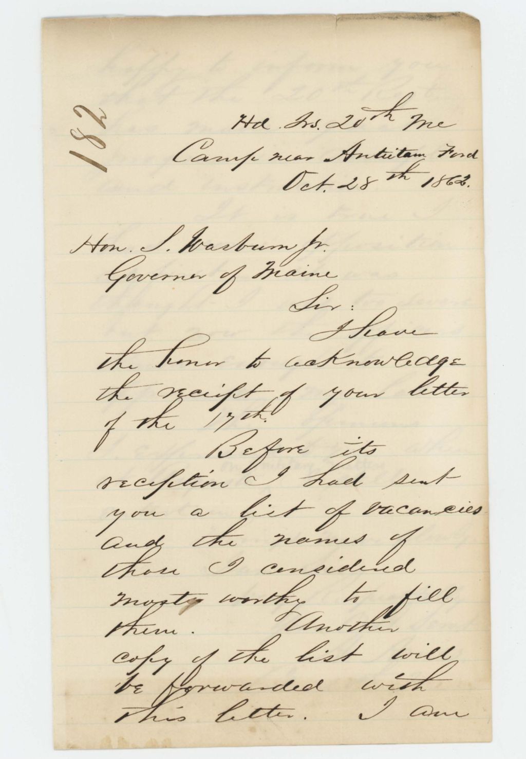 Miniature of Colonel Adelbert Ames writes Governor Washburn regarding progress of the regiment