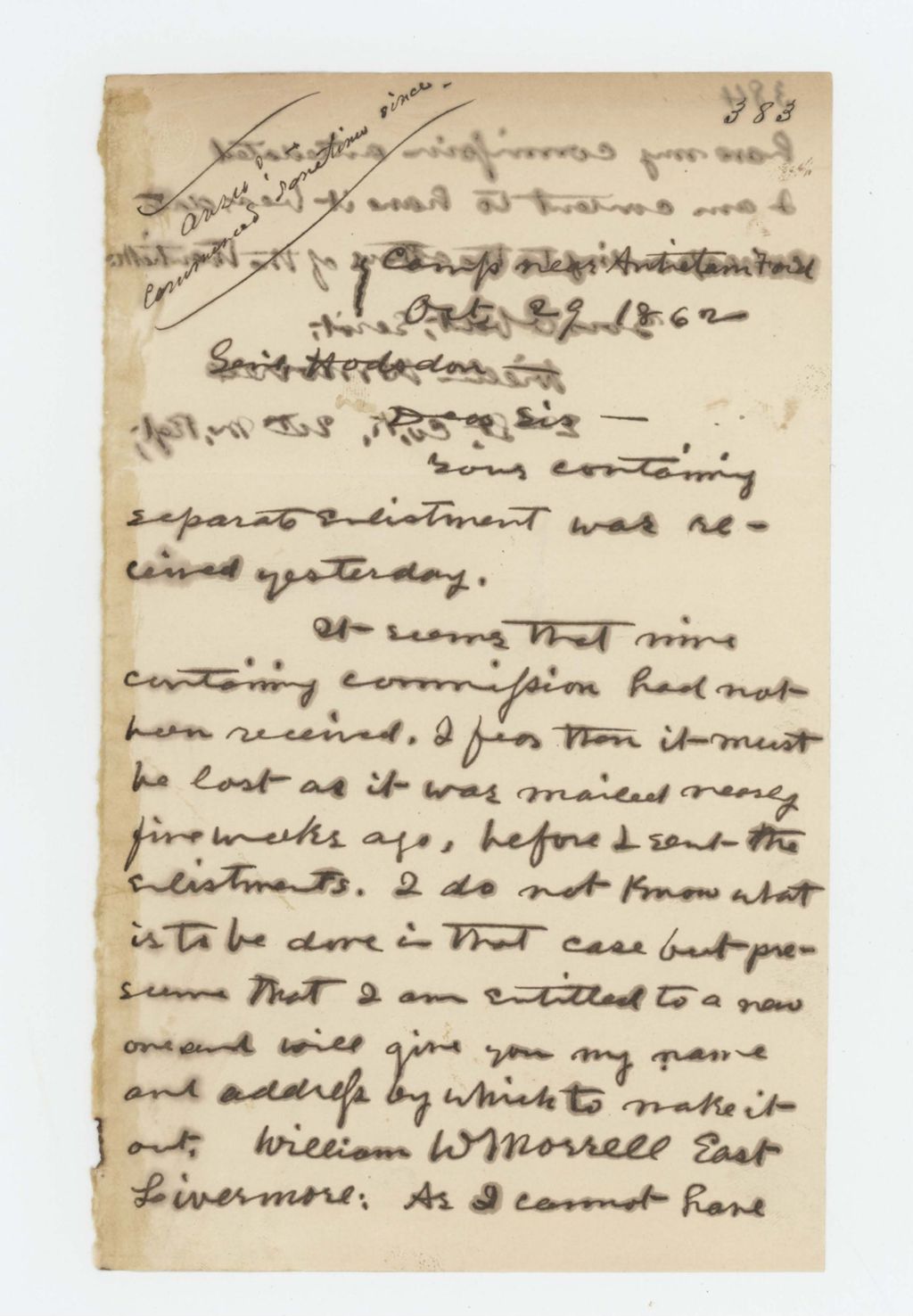 Miniature of William W. Morrell writes Adjutant General Hodsdon regarding his missing commission