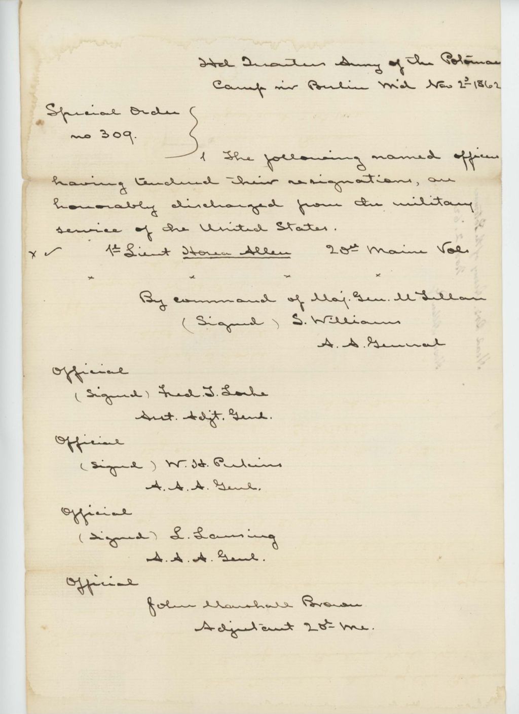 Miniature of Special Order #309 regarding discharge of Hosea Allen
