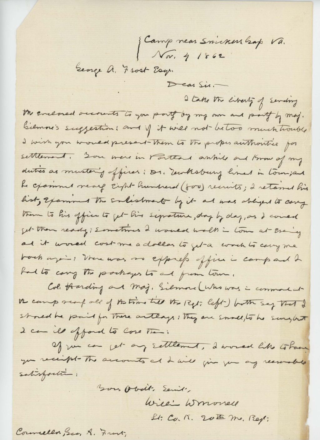 Miniature of Lieutenant William W. Morrell requests reimbursement for travel from Camp Mason to Portland