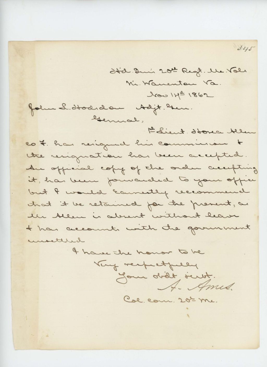 Miniature of Colonel Adelbert Ames writes regarding resignation of Lieutenant Hosea Allen