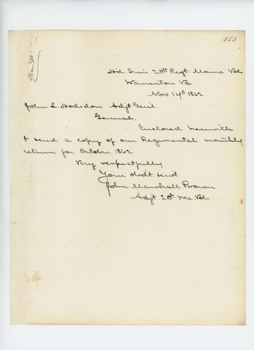 Miniature of John M. Brown encloses copy of regimental monthly return for October 1862