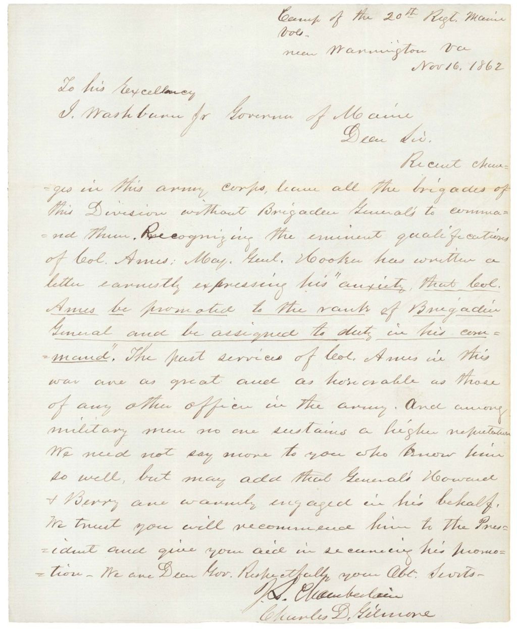 Miniature of Chamberlain and Gilmore recommend Adelbert Ames for promotion