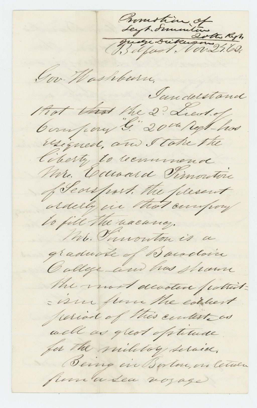 Miniature of Judge Jonathan Dickerson writes Governor Washburn recommending promotion of Edward Simonton
