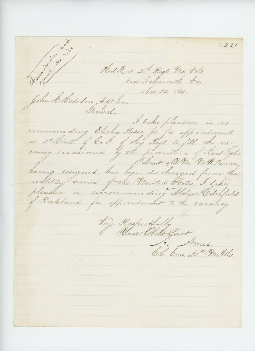 Miniature of Colonel Adelbert Ames recommends Elisha Besse for 2nd Lieutenant, and Alden Litchfield for 1st Lieutenant and Quartermaster