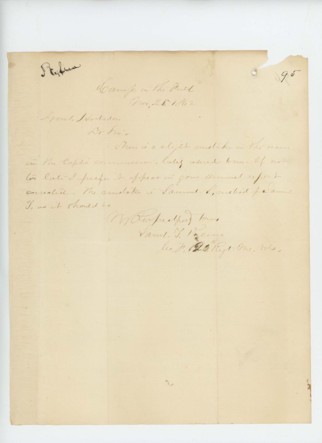 Miniature of Samuel Keene notifies Adjutant General Hodsdon of an error in his name on his commission