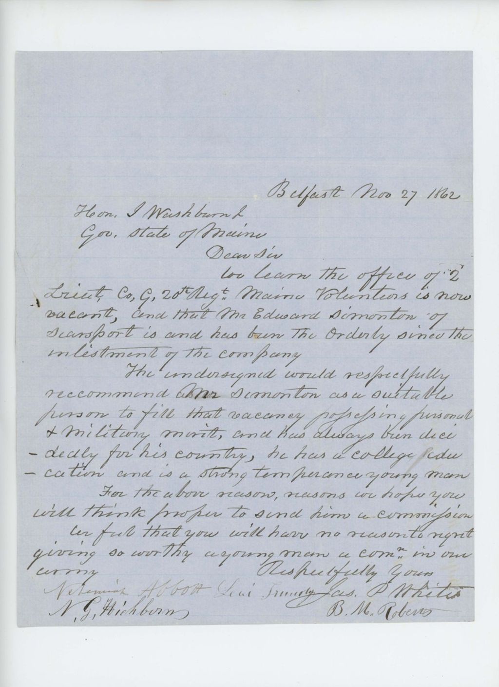 Miniature of James P. White and others recommend Sergeant Edward Simonton for promotion to 2nd Lieutenant