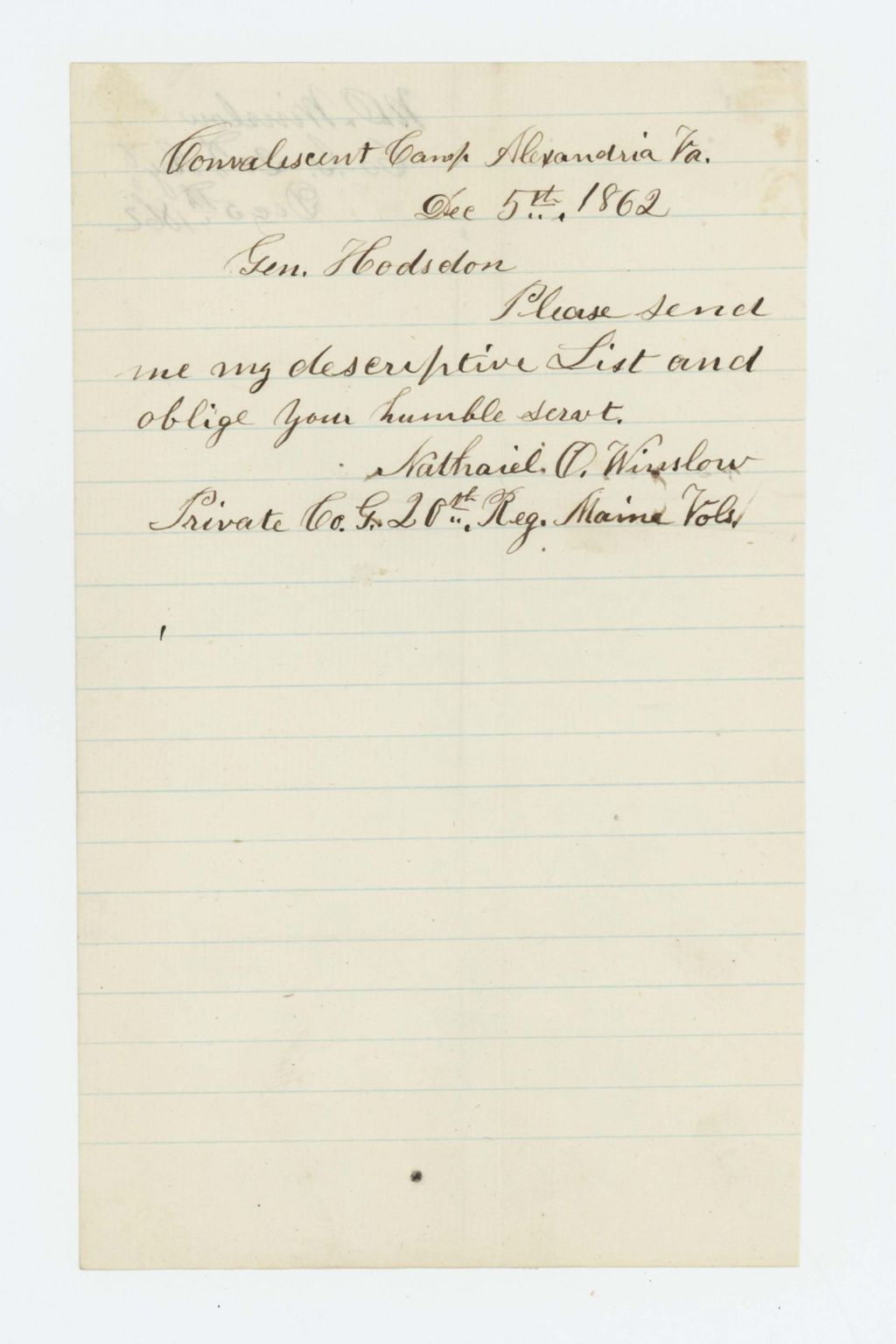 Miniature of Nathaniel Winslow requests a copy of his descriptive list