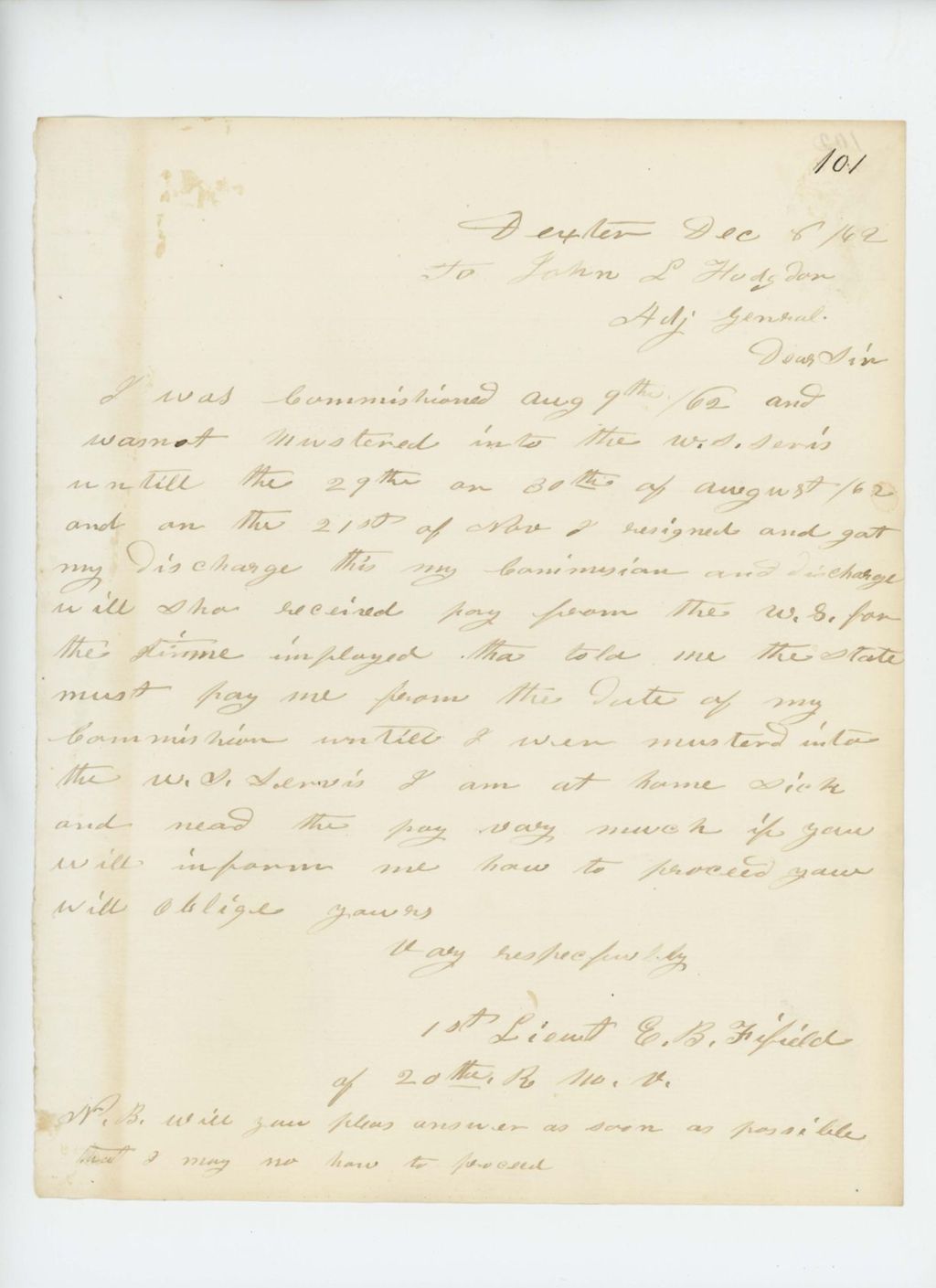 Miniature of 1st Lieutenant E.B. Fifield requests pay