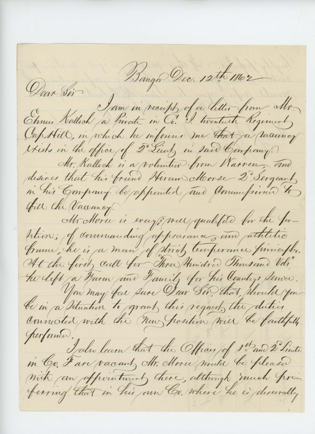 Miniature of Samuel L. Hodgman recommends Sergeant Hiram Morse for promotion to 2nd Lieutenant