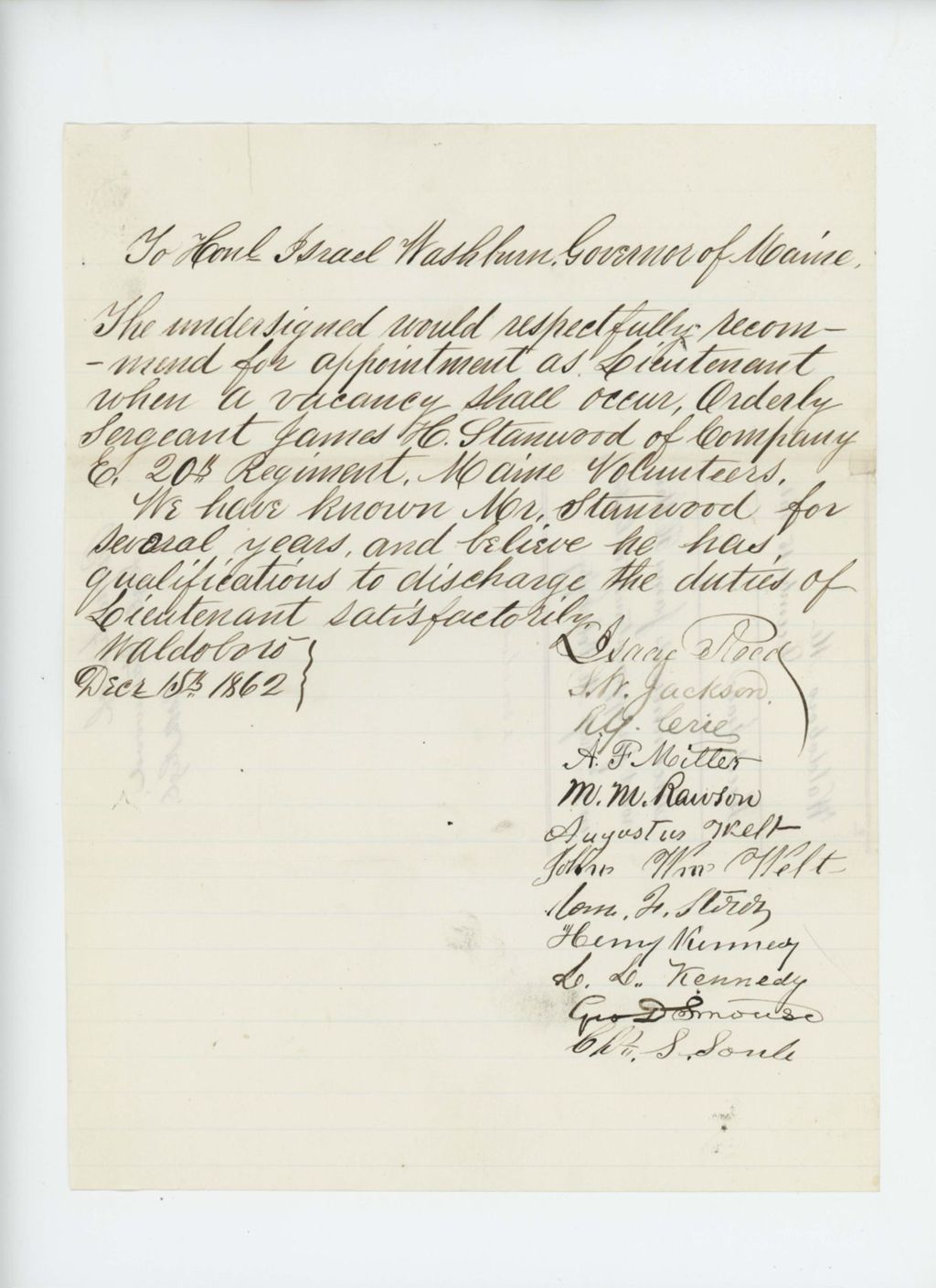Miniature of Isaac Reed and others recommend James H. Stanwood for appointment as lieutenant