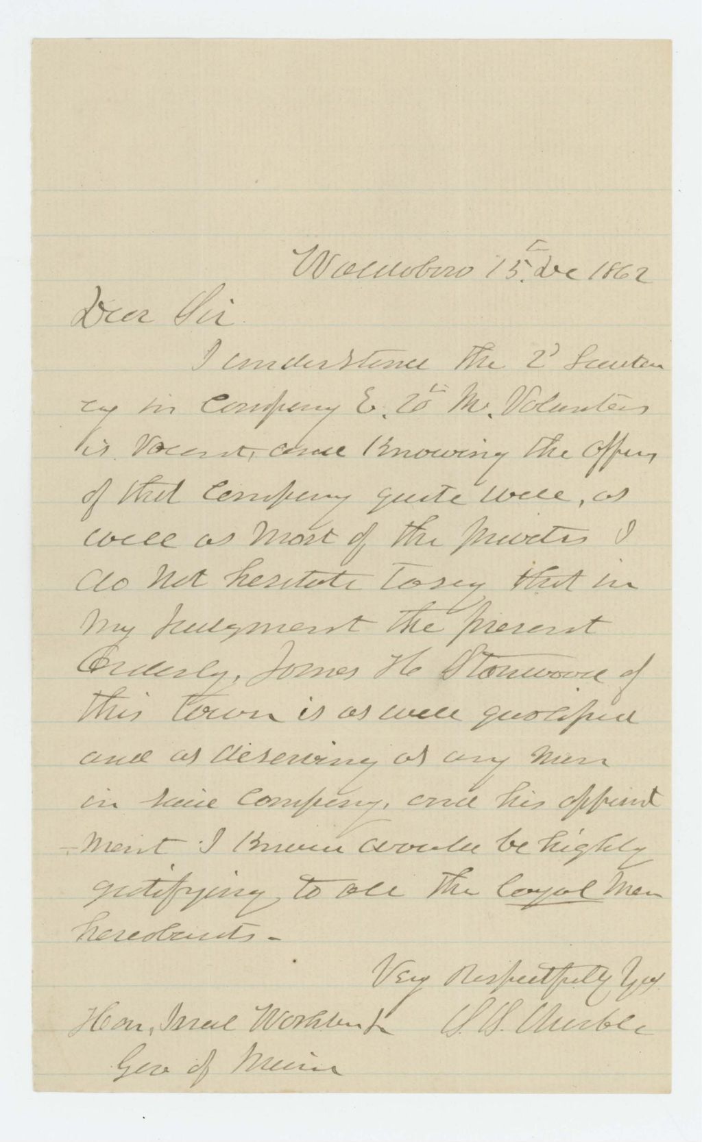 Miniature of Mr. S.S. [?] recommends James Stanwood for promotion