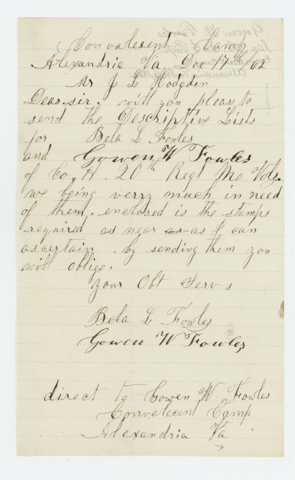 Miniature of Gowen W. Fowles requests a descriptive list for himself and Bela L. Fowles be sent to convalescent camp
