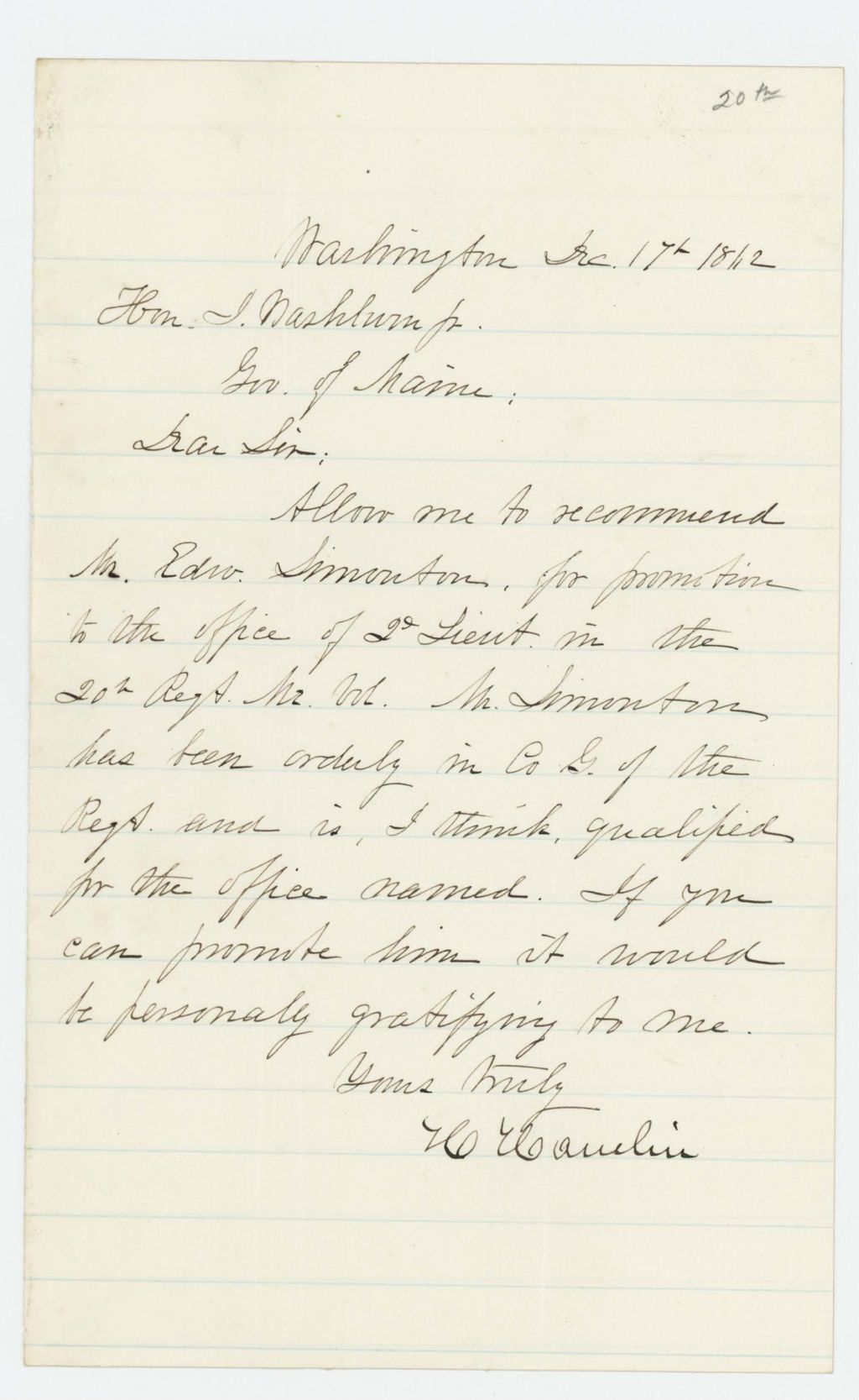 Miniature of Hannibal Hamlin recommends Edward Simonton for promotion to 2nd Lieutenant