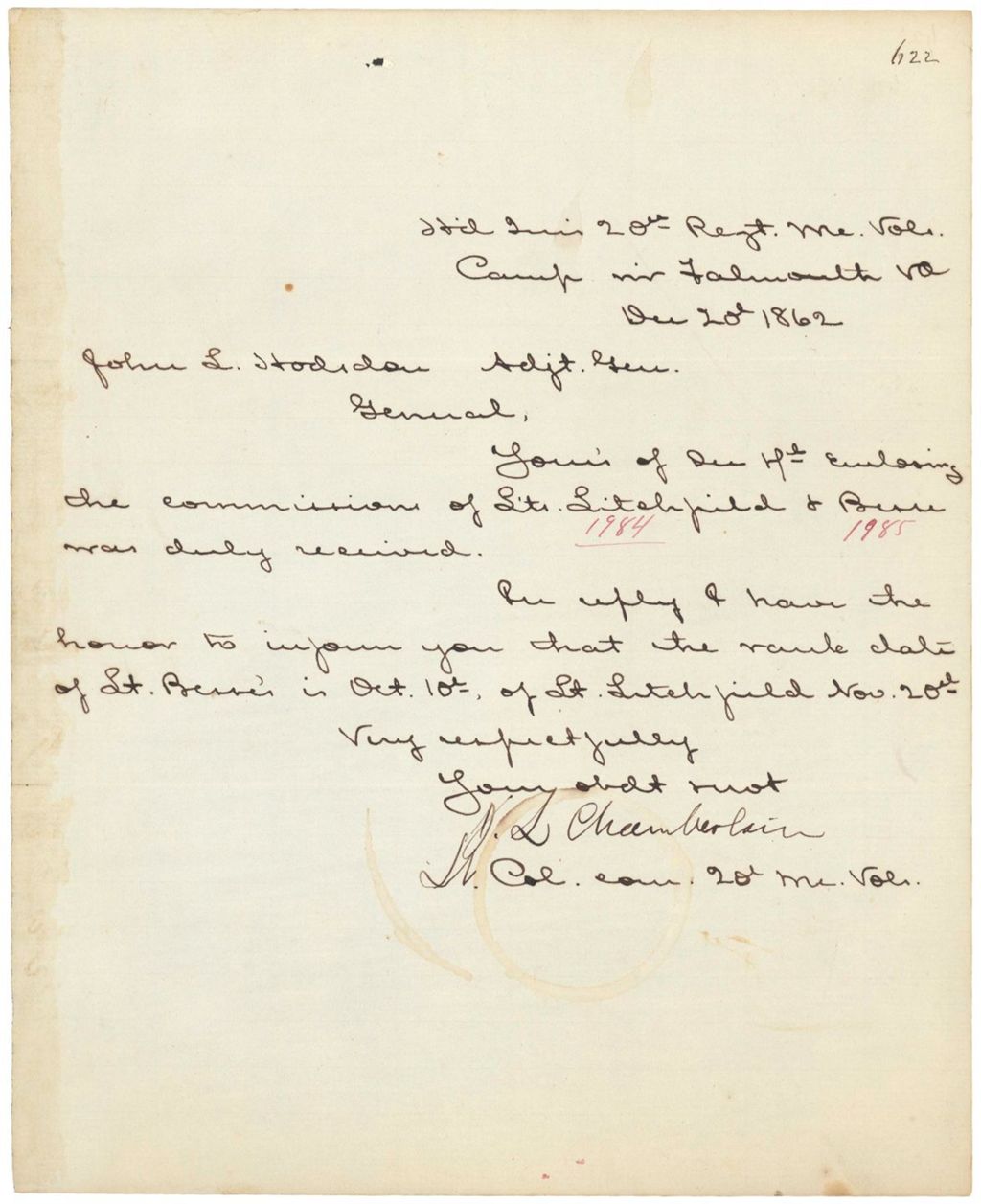 Miniature of Chamberlain writes to Hodsdon regarding Litchfield commission
