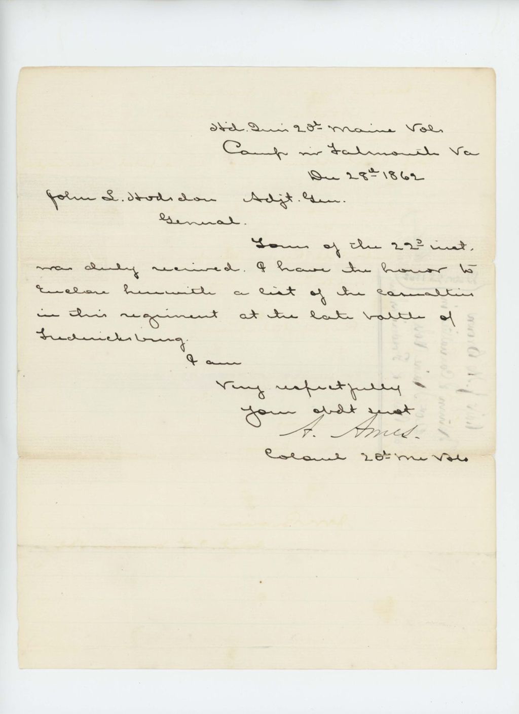 Miniature of Colonel Adelbert Ames encloses list of casualties at Fredericksburg