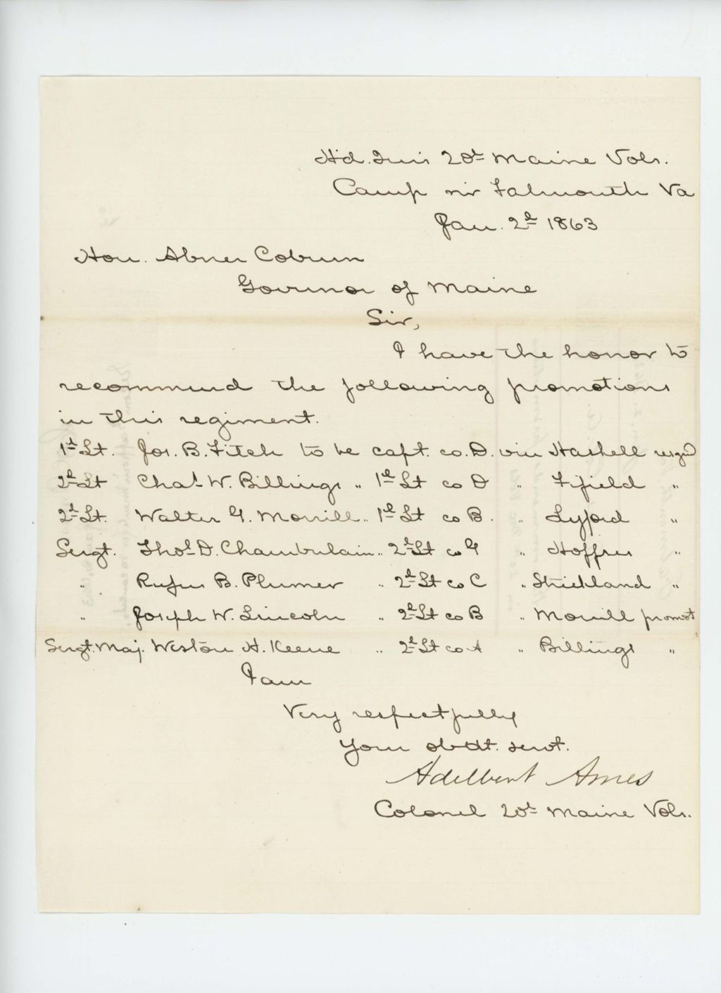 Miniature of Colonel Adelbert Ames recommends promotions to Governor Abner Coburn