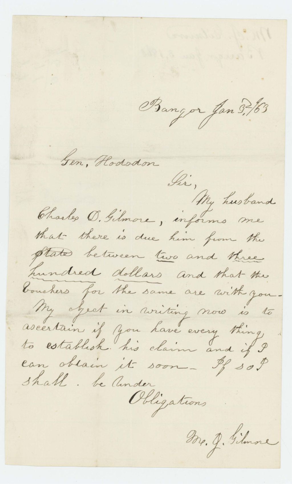 Miniature of Mary Jane Whitney Gilmore requests payment from the State on behalf of her husband Charles