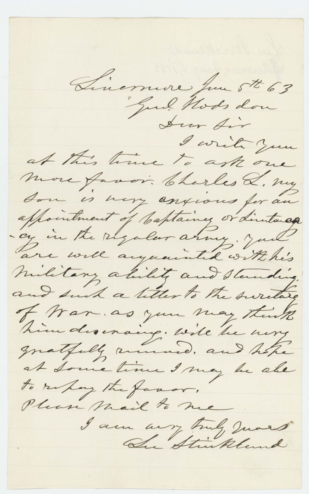 Miniature of Lee Strickland writes General Hodsdon and requests commission for son Charles