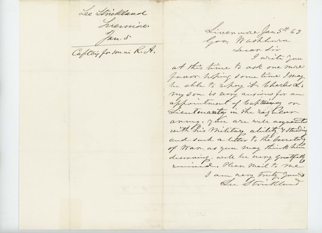Miniature of Lee Strickland requests commission for son Charles from Governor Washburn