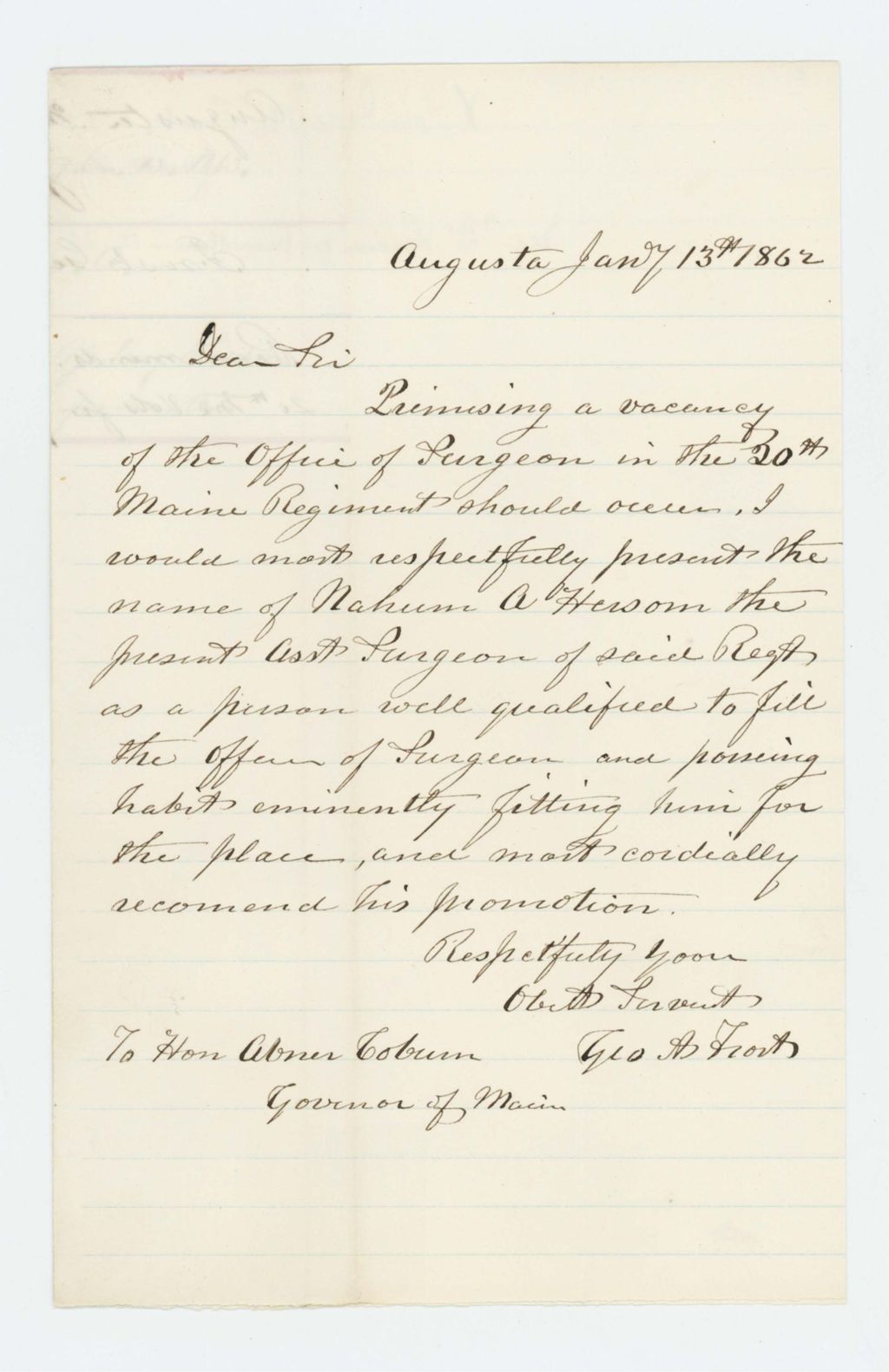 Miniature of George A. Frost recommends Dr. Nahum A. Hersom for assistant surgeon